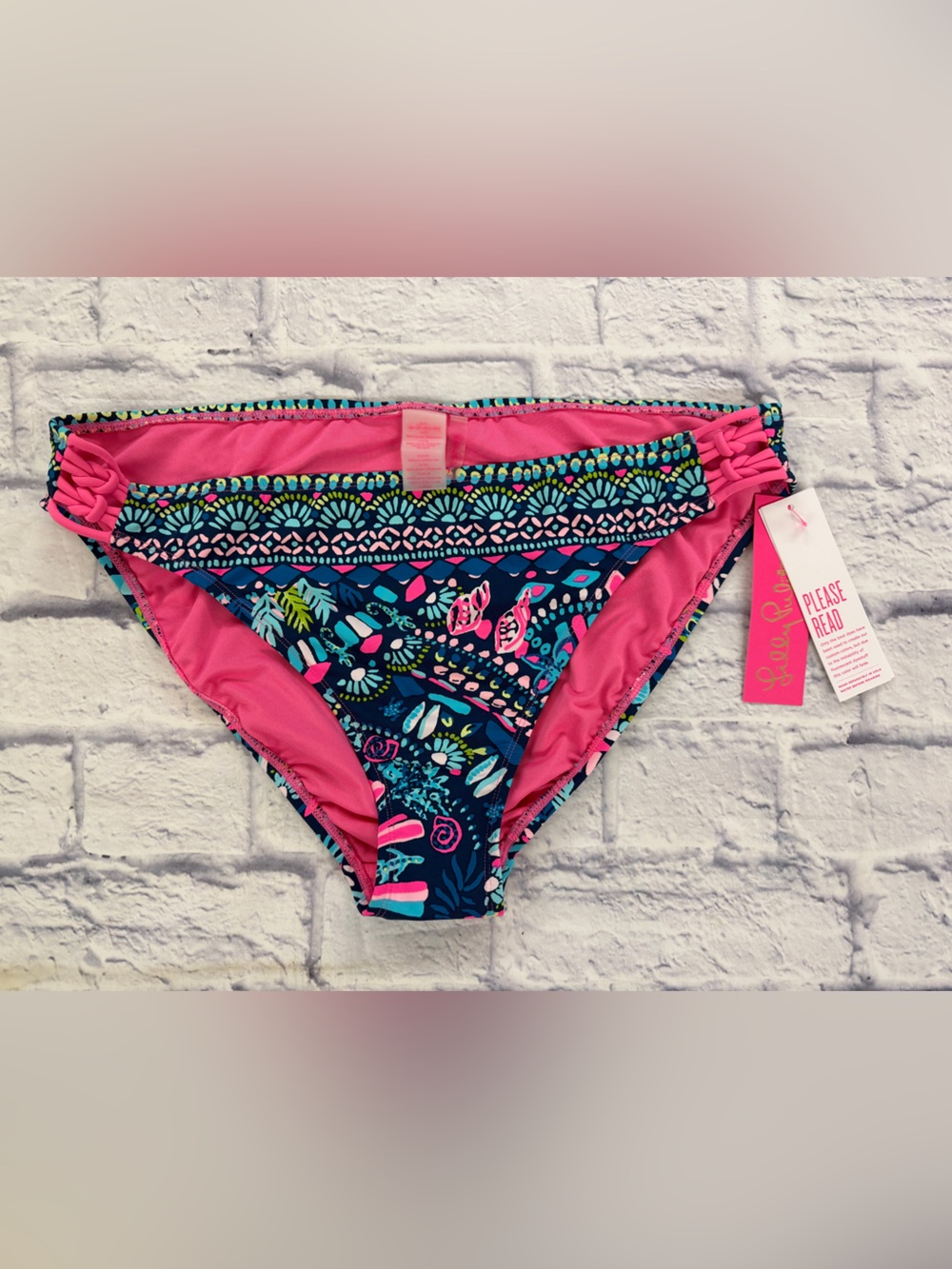 Lilly Pulitzer sz 14 Bikini Bottoms “Glow and Flow” Navy with Pink & Teal Accent